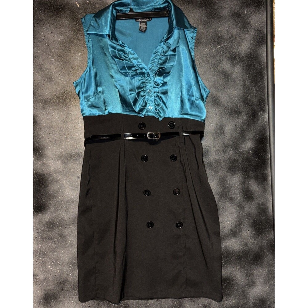 Roulette Size 14P Ruffle Collar Sleeveless Dress & Belt Teal & Black V Neck